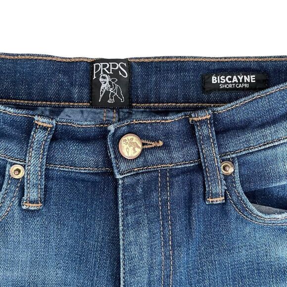 PRPS Biscayne Fringe Hem Short Capri Distressed Indigo Denim Jeans - Picture 3 of 8